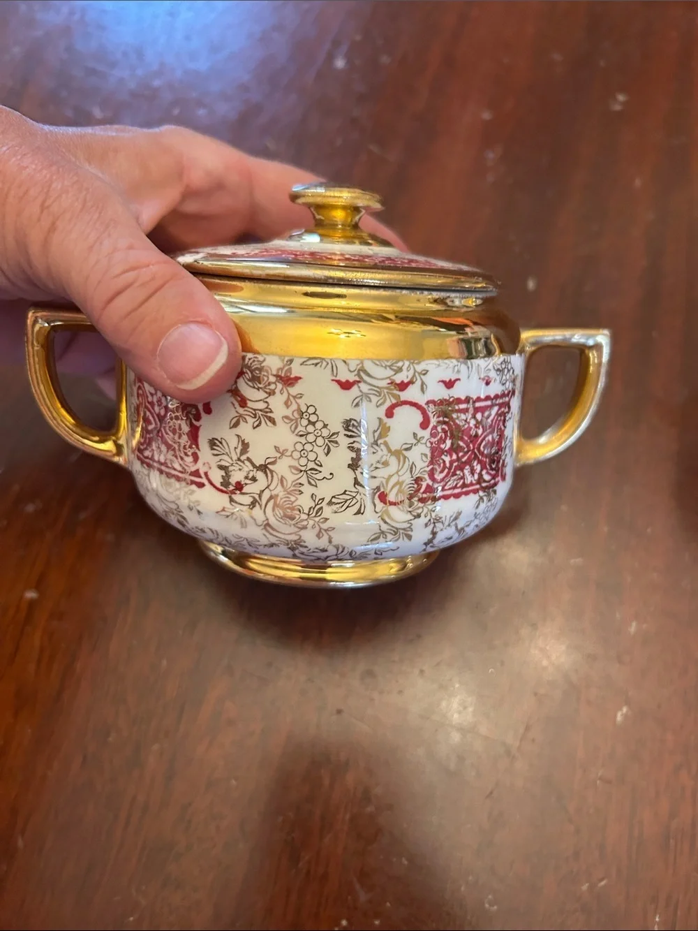 Piccadilly Vintage Gold-Trim Red and White Porcelain Sugar & Creamer Set